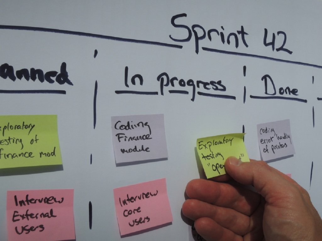 Moving a task on the sprint plan during daily scrum. Scrum is an agile project management method mostly applied to software development projects.